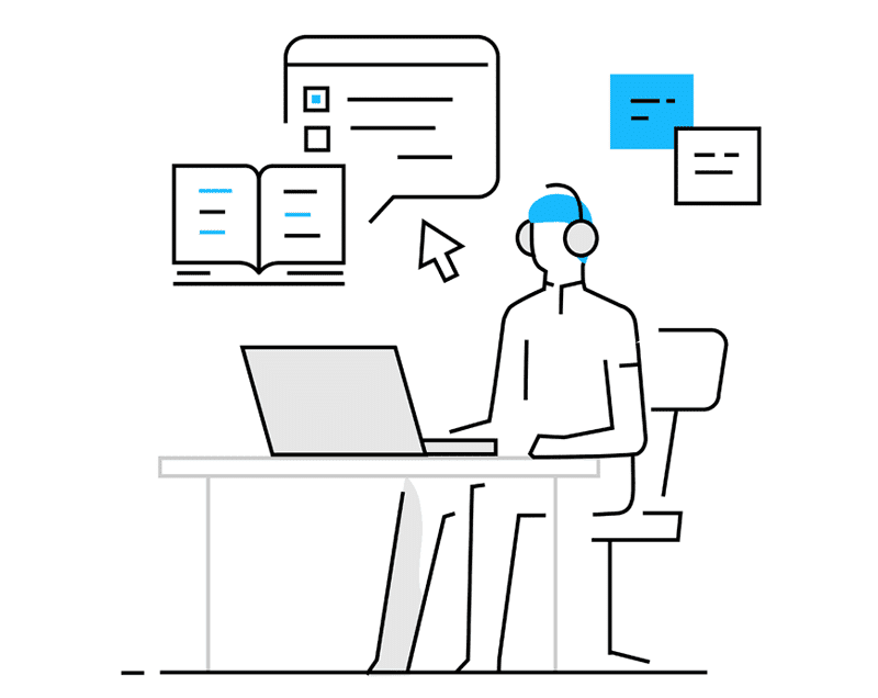Customer service agent at desk with laptop and knowledge tools